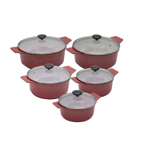 Menor preço em Conjunto c 5 Panelas Forno Fogão Premium Revestida em Cerâmica Antiaderente e Alu. Fundido Vermelha - Aluminios J.R