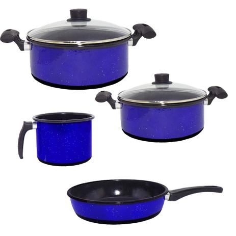 Conjunto Caçarolas Esmaltadas, Caneco e Frigideira Azul Granitada com 2 Tampas de Vidro - Pravas Menor preço em Conjunto Caçarolas Esmaltadas, Caneco e Frigideira Azul Granitada com 2 Tampas de Vidro - Pravas