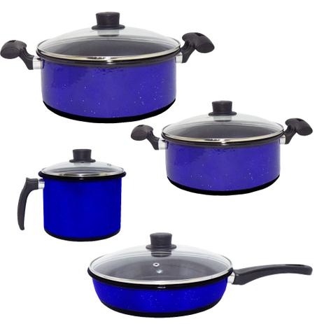 Conjunto Caçarolas Esmaltadas, Caneco e Frigideira Azul Granitada com 4 Tampas de Vidro - Pravas Menor preço em Conjunto Caçarolas Esmaltadas, Caneco e Frigideira Azul Granitada com 4 Tampas de Vidro - Pravas