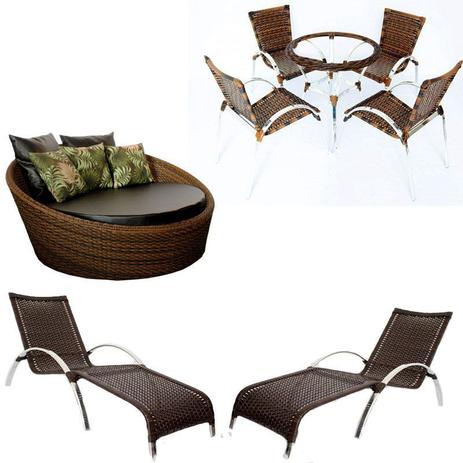 Conjunto Chaise, 4 Cadeiras e Mesa + 2 Espreguiçadeiras - Trama Original Menor preço em Conjunto Chaise, 4 Cadeiras e Mesa + 2 Espreguiçadeiras - Trama Original