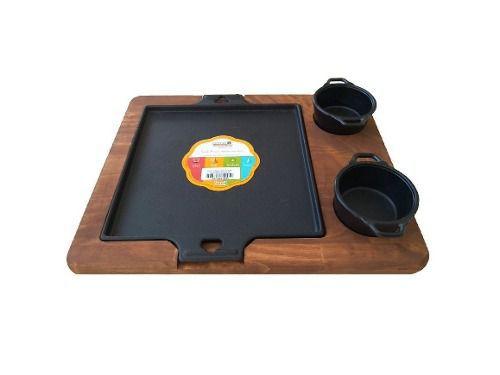 Conjunto Chapa Ferro 220x220 Com Molheira e Suporte Madeira - Panela mineira Menor preço em Conjunto Chapa Ferro 220x220 Com Molheira e Suporte Madeira - Panela mineira