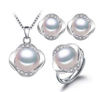 Conjunto Colar / Brincos / Anel Prata Strass Perola Formato de Flor - Mix Menor preço em Conjunto Colar / Brincos / Anel Prata Strass Perola Formato de Flor - Mix