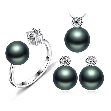 Conjunto Colar / Brincos / Anel Prata Strass Perola Preta - Mix Menor preço em Conjunto Colar / Brincos / Anel Prata Strass Perola Preta - Mix