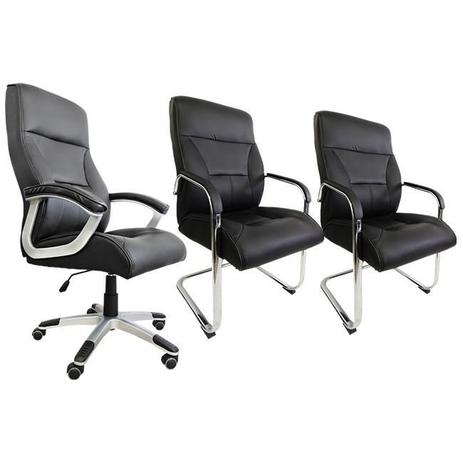 Conjunto com 1 Cadeira Presidente e 2 Cadeiras Interlocutores em Couro PU PEL-8028H-3/V Pretas - Pelegrin Menor preço em Conjunto com 1 Cadeira Presidente e 2 Cadeiras Interlocutores em Couro PU PEL-8028H-3/V Pretas - Pelegrin