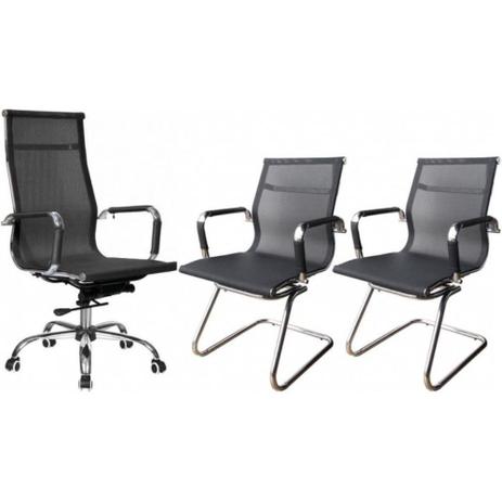 Conjunto com 1 Cadeira Presidente e 2 Cadeiras Interlocutores em Tela Mesh PEL-7010H/V Pretas Design Charles Eames - Pelegrin Menor preço em Conjunto com 1 Cadeira Presidente e 2 Cadeiras Interlocutores em Tela Mesh PEL-7010H/V Pretas Design Charles Eames - Pelegrin