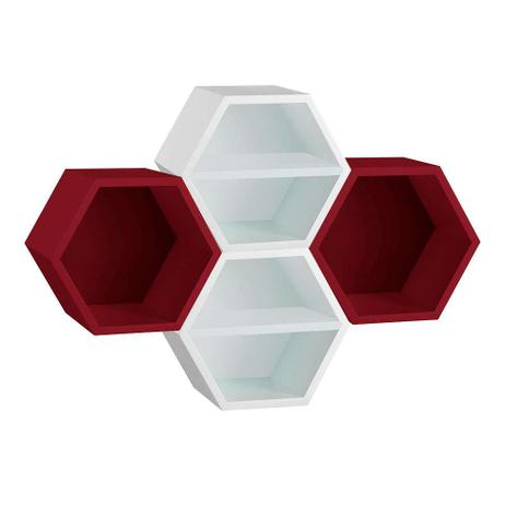 Conjunto com 4 Nichos Hexagonais Favo com Prateleira Branco e Bordo - Máxima móveis Menor preço em Conjunto com 4 Nichos Hexagonais Favo com Prateleira Branco e Bordo - Máxima móveis