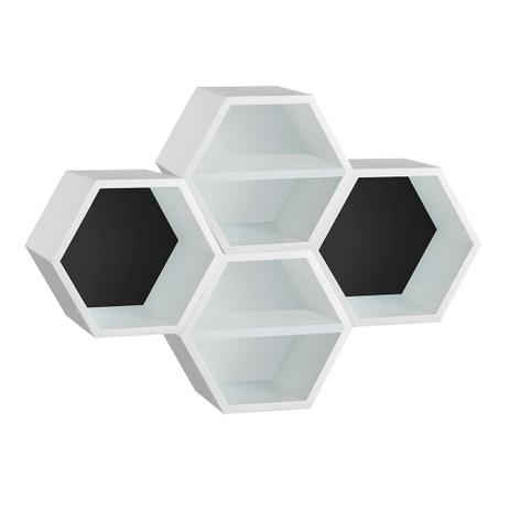 Conjunto com 4 Nichos Hexagonais Favo com Prateleira Branco e Preto - Máxima móveis Menor preço em Conjunto com 4 Nichos Hexagonais Favo com Prateleira Branco e Preto - Máxima móveis