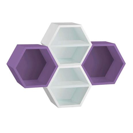 Conjunto com 4 Nichos Hexagonais Favo com Prateleira Branco e Roxo - Máxima móveis Menor preço em Conjunto com 4 Nichos Hexagonais Favo com Prateleira Branco e Roxo - Máxima móveis
