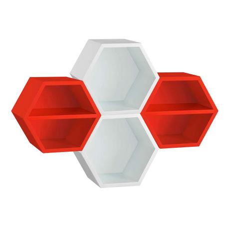 Conjunto com 4 Nichos Hexagonais Favo II com Prateleira Vermelho - Máxima móveis Menor preço em Conjunto com 4 Nichos Hexagonais Favo II com Prateleira Vermelho - Máxima móveis