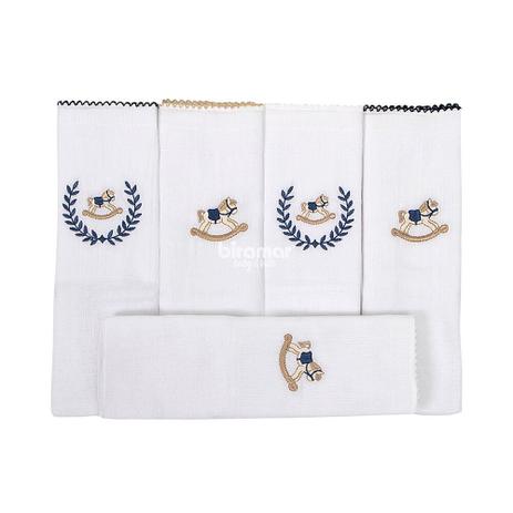 Conjunto com 5 Fraldas Cremer Luxo - Bordado - Cavalinho de Pau Azul - Biramar Menor preço em Conjunto com 5 Fraldas Cremer Luxo - Bordado - Cavalinho de Pau Azul - Biramar