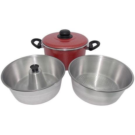 Conjunto com Panela, Fôrma de Pudim e Banho Maria com Tampa de Alumínio - Vermelho - Koup Menor preço em Conjunto com Panela, Fôrma de Pudim e Banho Maria com Tampa de Alumínio - Vermelho - Koup