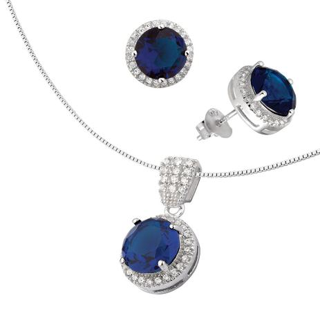 Conjunto com Pedra Azul Cravejado em Prata 925 - Joia em casa Menor preço em Conjunto com Pedra Azul Cravejado em Prata 925 - Joia em casa