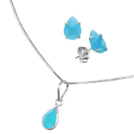 Conjunto com Zircônia Azul Turquesa Gota 6x8mm - Joia em casa Menor preço em Conjunto com Zircônia Azul Turquesa Gota 6x8mm - Joia em casa