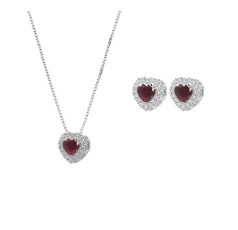 Conjunto Convex Prata Coração Zircônia Vermelha - Cordão + Brinco Menor preço em Conjunto Convex Prata Coração Zircônia Vermelha - Cordão + Brinco