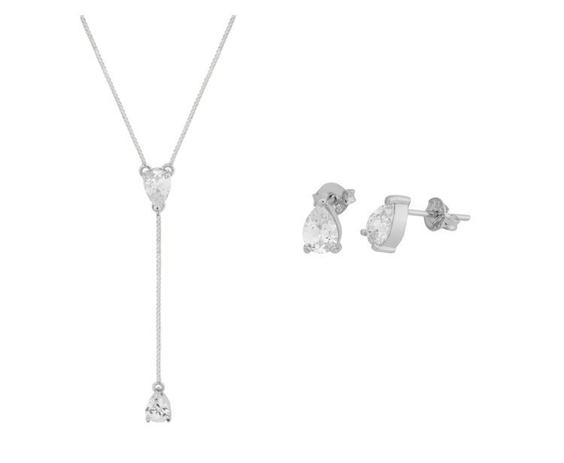 Conjunto Convex Prata Gota Crystal - Cordão Gravatinha + Brinco Menor preço em Conjunto Convex Prata Gota Crystal - Cordão Gravatinha + Brinco