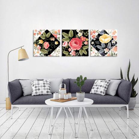 Conjunto de 3 Telas Decorativas em Canvas Flores - Love decor Menor preço em Conjunto de 3 Telas Decorativas em Canvas Flores - Love decor