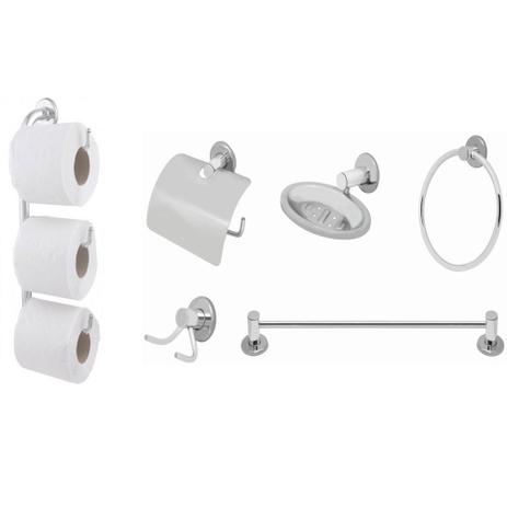 Conjunto de Banheiro Inox Com Suporte Triplo Para Papel Higiênico Linha Stander - Kit bras Menor preço em Conjunto de Banheiro Inox Com Suporte Triplo Para Papel Higiênico Linha Stander - Kit bras