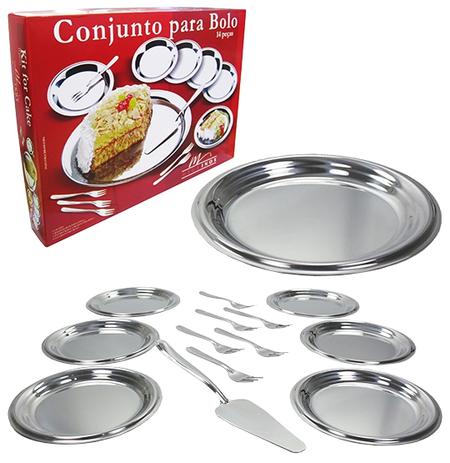 Conjunto de bolo de inox com 14 pecas prato/bandeja/talheres - Megainox Menor preço em Conjunto de bolo de inox com 14 pecas prato/bandeja/talheres - Megainox