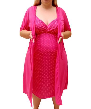 Conjunto de Camisola Plus Size Linda Gestante com Robe Maternidade Pink -