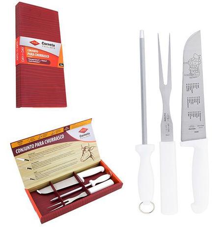Conjunto De Churrasco Com Faca 8'' + Garfo 7'' + Chaira 8'' - Corneta cutelaria/western Menor preço em Conjunto De Churrasco Com Faca 8'' + Garfo 7'' + Chaira 8'' - Corneta cutelaria/western
