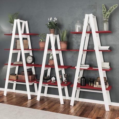Conjunto de Estantes Escada com 3 e 4 Prateleiras Movelbento Branco/Vermelho Menor preço em Conjunto de Estantes Escada com 3 e 4 Prateleiras Movelbento Branco/Vermelho