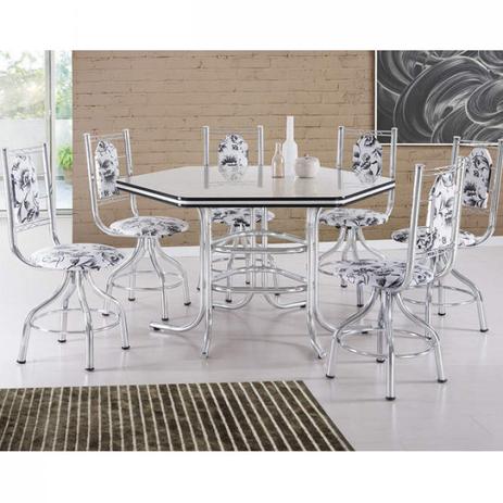 Conjunto de Mesa com 6 Cadeiras Giratórias Zeus Móveis Brastubo Cromado/Floral Menor preço em Conjunto de Mesa com 6 Cadeiras Giratórias Zeus Móveis Brastubo Cromado/Floral