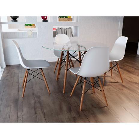 Conjunto de Mesa de Jantar Eames Eiffel Redonda 90cm Tampo de Vidro com 4 Cadeiras Brancas - CASA PRIME Menor preço em Conjunto de Mesa de Jantar Eames Eiffel Redonda 90cm Tampo de Vidro com 4 Cadeiras Brancas - CASA PRIME