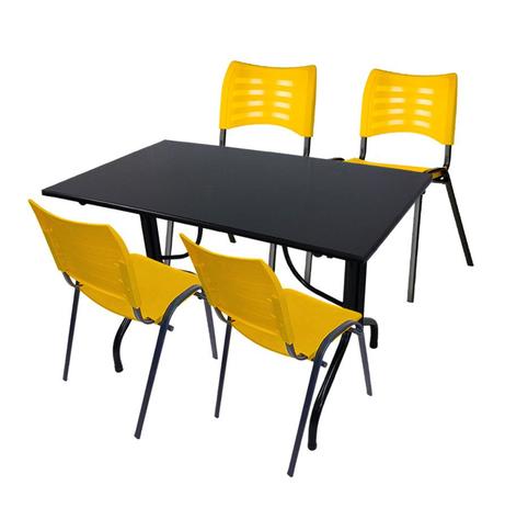 Conjunto de Mesa Fixa 120x70 cm Preta Com 4 Cadeiras Empilháveis Amarela Plástico - Flex Mesas E Cadeiras é boa?