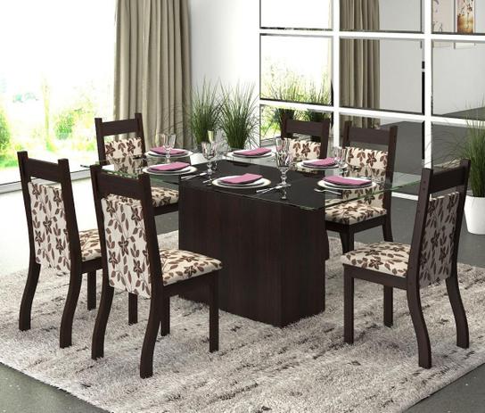 Conjunto De Mesa Para Sala De Jantar Ambar Com Vidro 6 Cadeiras Jady Nogueira/Brownie - At house Menor preço em Conjunto De Mesa Para Sala De Jantar Ambar Com Vidro 6 Cadeiras Jady Nogueira/Brownie - At house