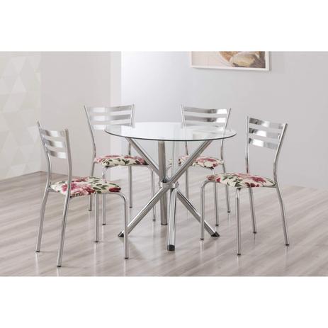 Conjunto de Mesa Redonda com Tampo de Vidro e 4 Cadeiras com Assento Estofado Unimóvel Cromado/Estampado Menor preço em Conjunto de Mesa Redonda com Tampo de Vidro e 4 Cadeiras com Assento Estofado Unimóvel Cromado/Estampado