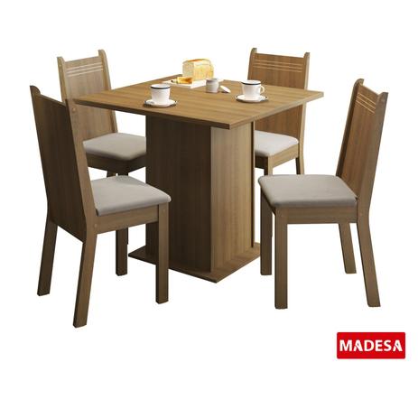 Conjunto de Mesa Retangular de Madeira e 4 Cadeiras Estofadas Jade para Sala de Jantar Madesa Rustic/Pérola Menor preço em Conjunto de Mesa Retangular de Madeira e 4 Cadeiras Estofadas Jade para Sala de Jantar Madesa Rustic/Pérola