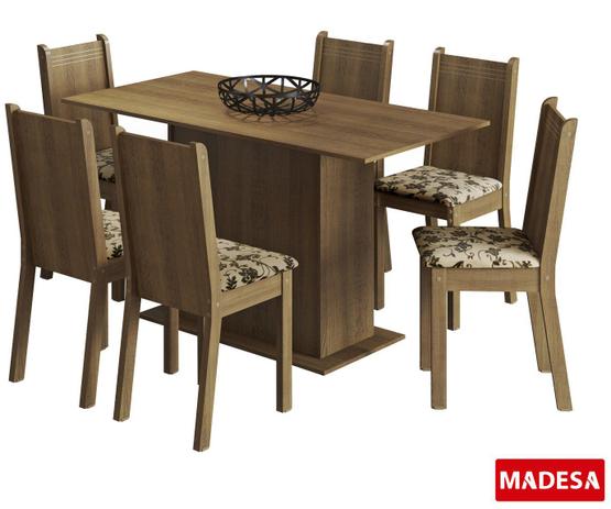 Conjunto de Mesa Retangular de Madeira e 6 Cadeiras Estofadas Carmem para Sala de Jantar Madesa Rustic/Floral Bege-Marrom Menor preço em Conjunto de Mesa Retangular de Madeira e 6 Cadeiras Estofadas Carmem para Sala de Jantar Madesa Rustic/Floral Bege-Marrom