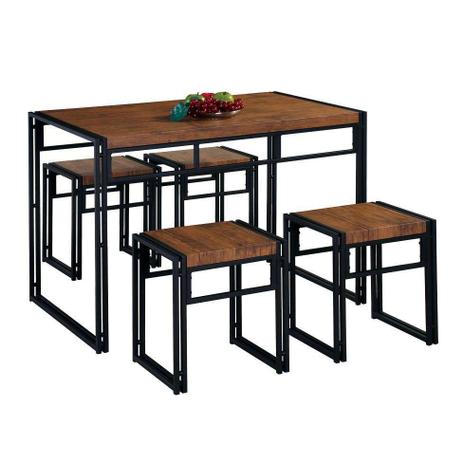 Conjunto de Mesa Wooden com 4 Bancos Preto e Ipê - Mobly Menor preço em Conjunto de Mesa Wooden com 4 Bancos Preto e Ipê - Mobly