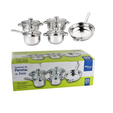 Conjunto de Panelas 5 PCS INOX C/TP VIDRO Wincy Menor preço em Conjunto de Panelas 5 PCS INOX C/TP VIDRO Wincy