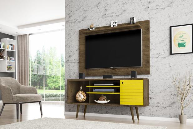 Conjunto de Sala Rack Safira Com Painel Kenzo Para TV 50" Madeira com Amarelo - Moveis Bechara Menor preço em Conjunto de Sala Rack Safira Com Painel Kenzo Para TV 50" Madeira com Amarelo - Moveis Bechara