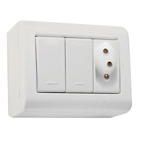 Conjunto de sobrepor com 2 interruptores simples 10A e 1 tomada 2P+T 10A - LizFlex - Tramontina Menor preço em Conjunto de sobrepor com 2 interruptores simples 10A e 1 tomada 2P+T 10A - LizFlex - Tramontina