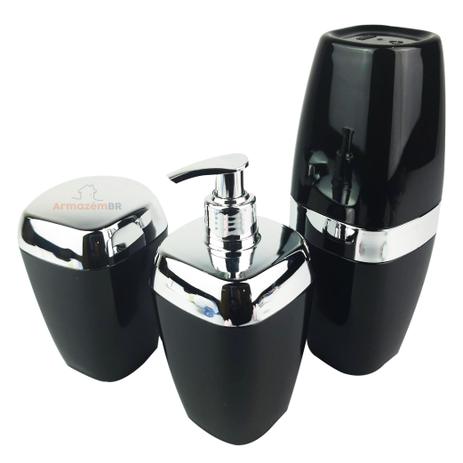 Conjunto Dispenser Sabonete + Suporte Escova Dente + Porta Algodão Banheiro Cromado Preto - AMZ Menor preço em Conjunto Dispenser Sabonete + Suporte Escova Dente + Porta Algodão Banheiro Cromado Preto - AMZ
