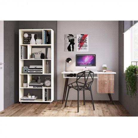 Conjunto Escritório com Estante Multiuso 5 Divisórias e Escrivaninha com Nicho Siena Móveis Branco Menor preço em Conjunto Escritório com Estante Multiuso 5 Divisórias e Escrivaninha com Nicho Siena Móveis Branco