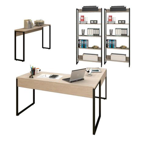 Conjunto Escritório Mesa em L Aparador e 2 Estantes Studio Industrial Carvalho Bruma Mpozenato - Mpozenato - MART Menor preço em Conjunto Escritório Mesa em L Aparador e 2 Estantes Studio Industrial Carvalho Bruma Mpozenato - Mpozenato - MART