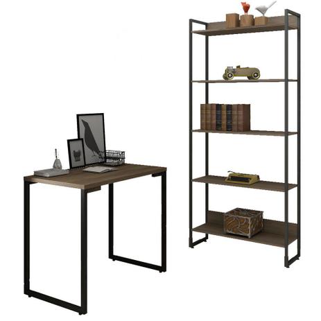 Conjunto Escritório Mesa Escrivaninha 90cm e Estante 5 Prateleiras Estilo Industrial New Port F02 Castanho - Mpozenato Menor preço em Conjunto Escritório Mesa Escrivaninha 90cm e Estante 5 Prateleiras Estilo Industrial New Port F02 Castanho - Mpozenato