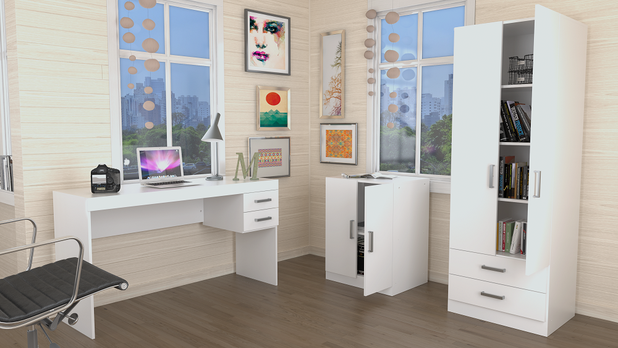 Conjunto Escritório Office Plus Appunto 3 Peças: Escrivaninha Com 2 Gavetas, Balcão E Armário Com Portas E Gavetas - Branco Menor preço em Conjunto Escritório Office Plus Appunto 3 Peças: Escrivaninha Com 2 Gavetas, Balcão E Armário Com Portas E Gavetas - Branco
