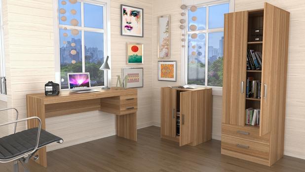 Conjunto Escritório Office Plus Appunto 3 Peças: Escrivaninha Com 2 Gavetas, Balcão E Armário Com Portas E Gavetas - Castanho Menor preço em Conjunto Escritório Office Plus Appunto 3 Peças: Escrivaninha Com 2 Gavetas, Balcão E Armário Com Portas E Gavetas - Castanho