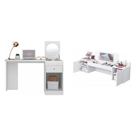Conjunto Escrivaninha com Espelho Capricho e Penteadeira Camarim com Espelho Atração Espresso Móveis Branco Fosco Liso/Branco Textura Menor preço em Conjunto Escrivaninha com Espelho Capricho e Penteadeira Camarim com Espelho Atração Espresso Móveis Branco Fosco Liso/Branco Textura