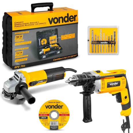 Conjunto Esmerilhadeira 4.1/2'' 750W e Furadeira 1/2'' 710W 127V Com Maleta Vonder Menor preço em Conjunto Esmerilhadeira 4.1/2'' 750W e Furadeira 1/2'' 710W 127V Com Maleta Vonder