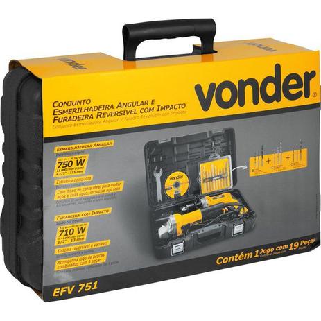 Conjunto esmerilhadeira de 4.1/2” e furadeira de 1/2”, 127 V, com jogo de brocas e disco, EFV 751 VONDER Menor preço em Conjunto esmerilhadeira de 4.1/2” e furadeira de 1/2”, 127 V, com jogo de brocas e disco, EFV 751 VONDER