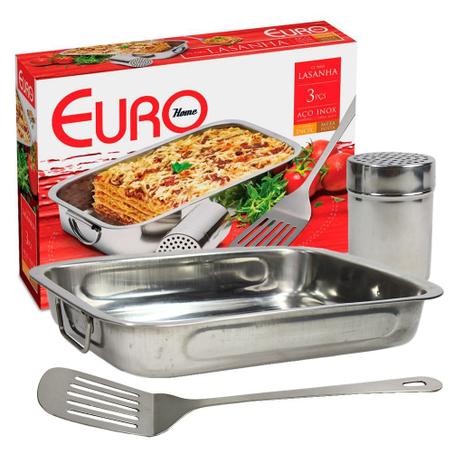 Conjunto Forma Para Lasanha 3 Peças Aço Inox Com Espátula e Queijeira - Euro Menor preço em Conjunto Forma Para Lasanha 3 Peças Aço Inox Com Espátula e Queijeira - Euro