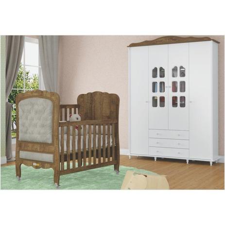 Conjunto Guarda Roupa 4 Portas e Berço Provence Capitonê Branco Acetinado com Teka Touch - Matic Menor preço em Conjunto Guarda Roupa 4 Portas e Berço Provence Capitonê Branco Acetinado com Teka Touch - Matic