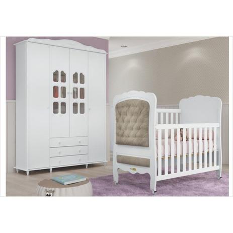 Conjunto Guarda Roupa 4 Portas e Berço Provence Capitonê Branco Acetinado - Matic Menor preço em Conjunto Guarda Roupa 4 Portas e Berço Provence Capitonê Branco Acetinado - Matic