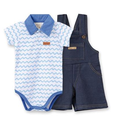 Conjunto Jardineira Curta Cotton Jeans e body Gola Polo Pingo Lelê Chevron Azul Menor preço em Conjunto Jardineira Curta Cotton Jeans e body Gola Polo Pingo Lelê Chevron Azul