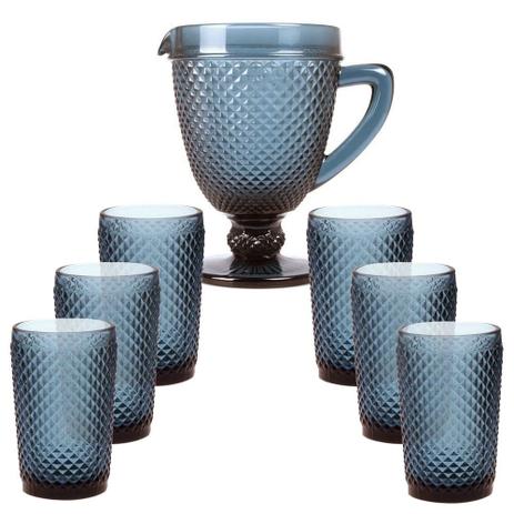 Conjunto Jarra de Vidro 1125ml com 6 Copos Azul Bico de Jaca - I.c. Menor preço em Conjunto Jarra de Vidro 1125ml com 6 Copos Azul Bico de Jaca - I.c.